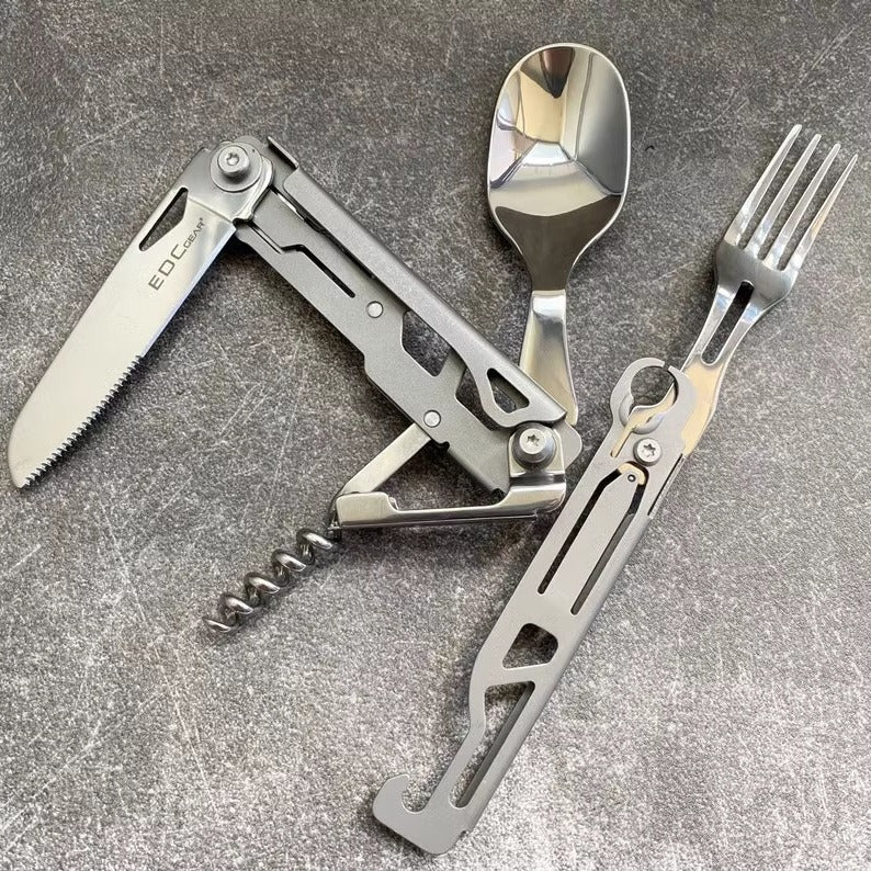 Stainless Steel Camping Utensil Multi-Tool – Folding Knife, Fork, Spoon, Bottle Opener & Corkscrew | Compact Survival Gear - Wild Summit Gear