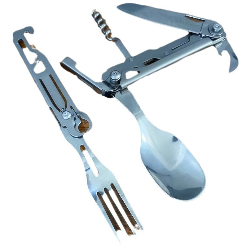 Stainless Steel Camping Utensil Multi-Tool – Folding Knife, Fork, Spoon, Bottle Opener & Corkscrew | Compact Survival Gear - Wild Summit Gear