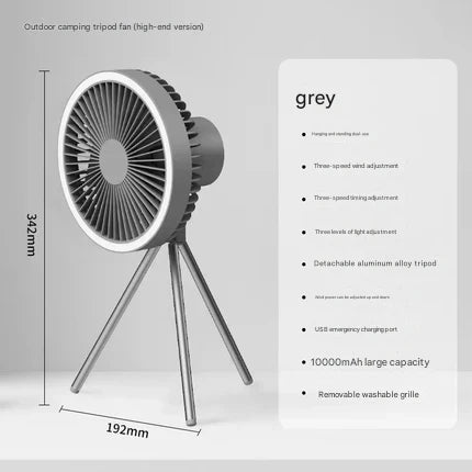 Portable Camping Fan with LED Light – USB Rechargeable Tent Ceiling & Tripod Fan 3-Speed Brushless Motor