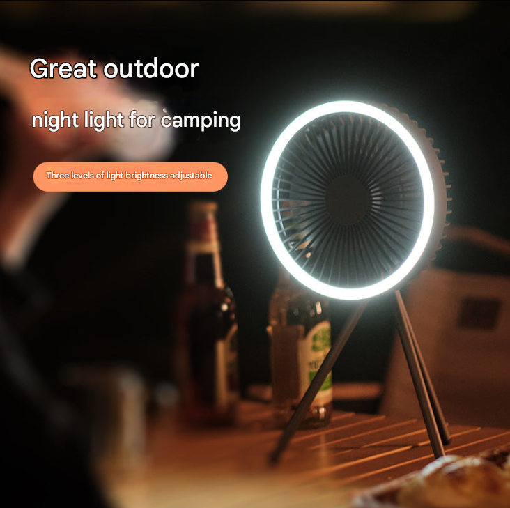 Portable Camping Fan with LED Light – USB Rechargeable Tent Ceiling & Tripod Fan 3-Speed Brushless Motor