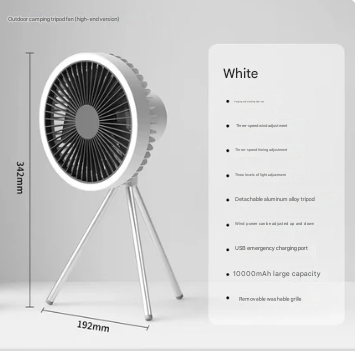 Portable Camping Fan with LED Light – USB Rechargeable Tent Ceiling & Tripod Fan 3-Speed Brushless Motor