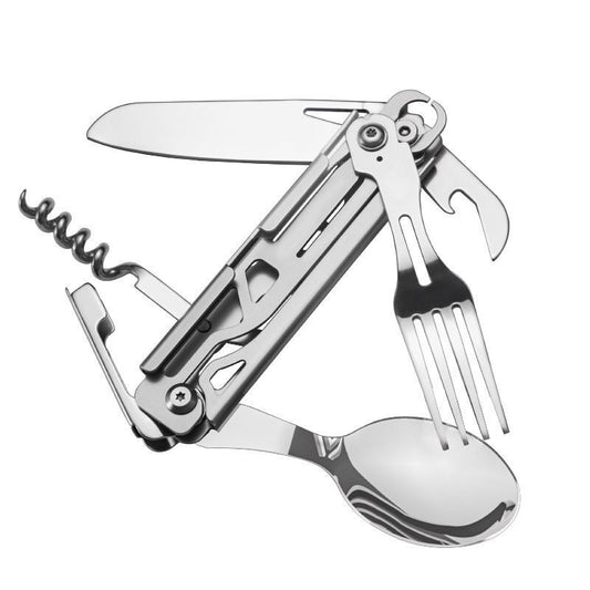 Stainless Steel Camping Utensil Multi-Tool – Folding Knife, Fork, Spoon, Bottle Opener & Corkscrew | Compact Survival Gear - Wild Summit Gear