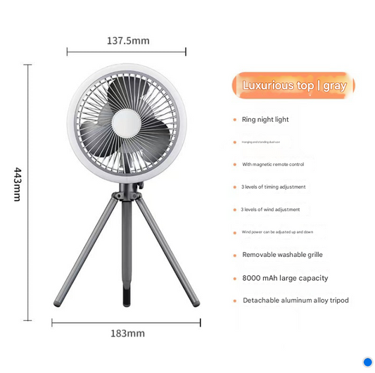 Portable Camping Fan with LED Light – USB Rechargeable Tent Ceiling & Tripod Fan 3-Speed Brushless Motor